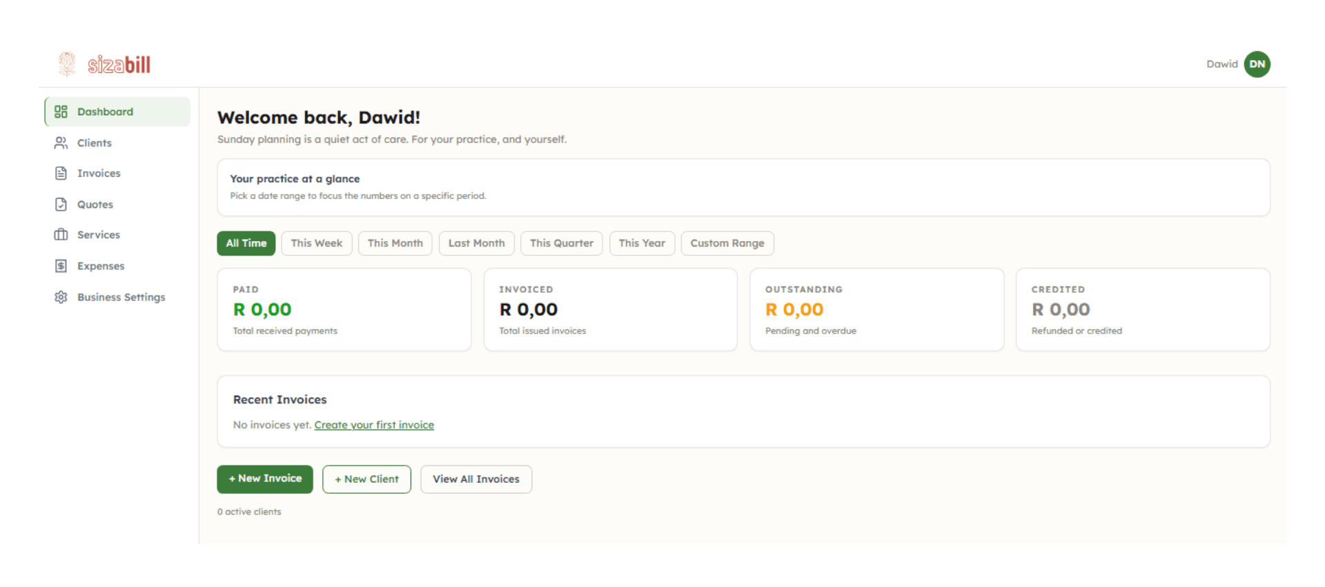 SizaBill dashboard